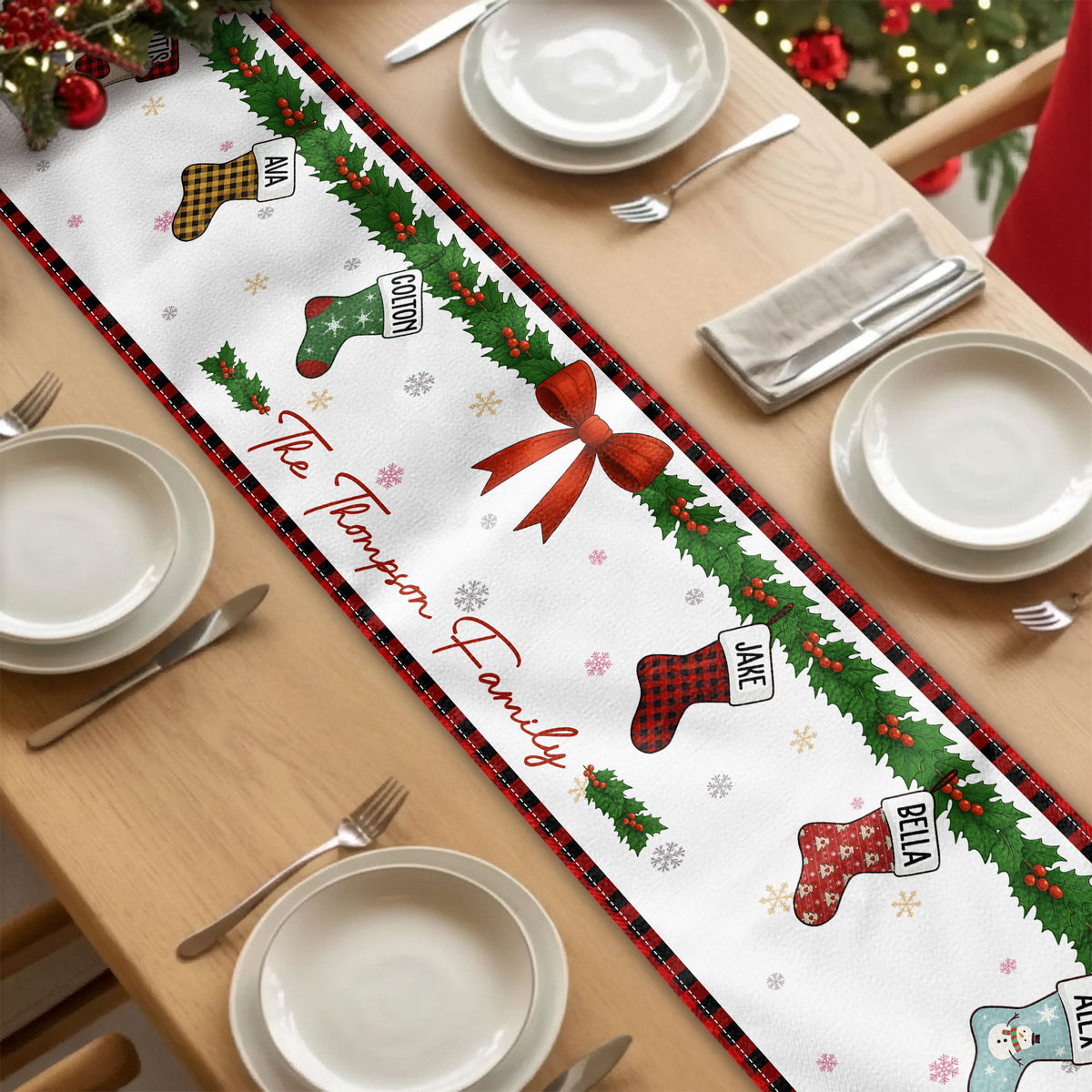 Christmas Together - Custom Family Name, Stocking Xmas Theme - Personalized Table Runner