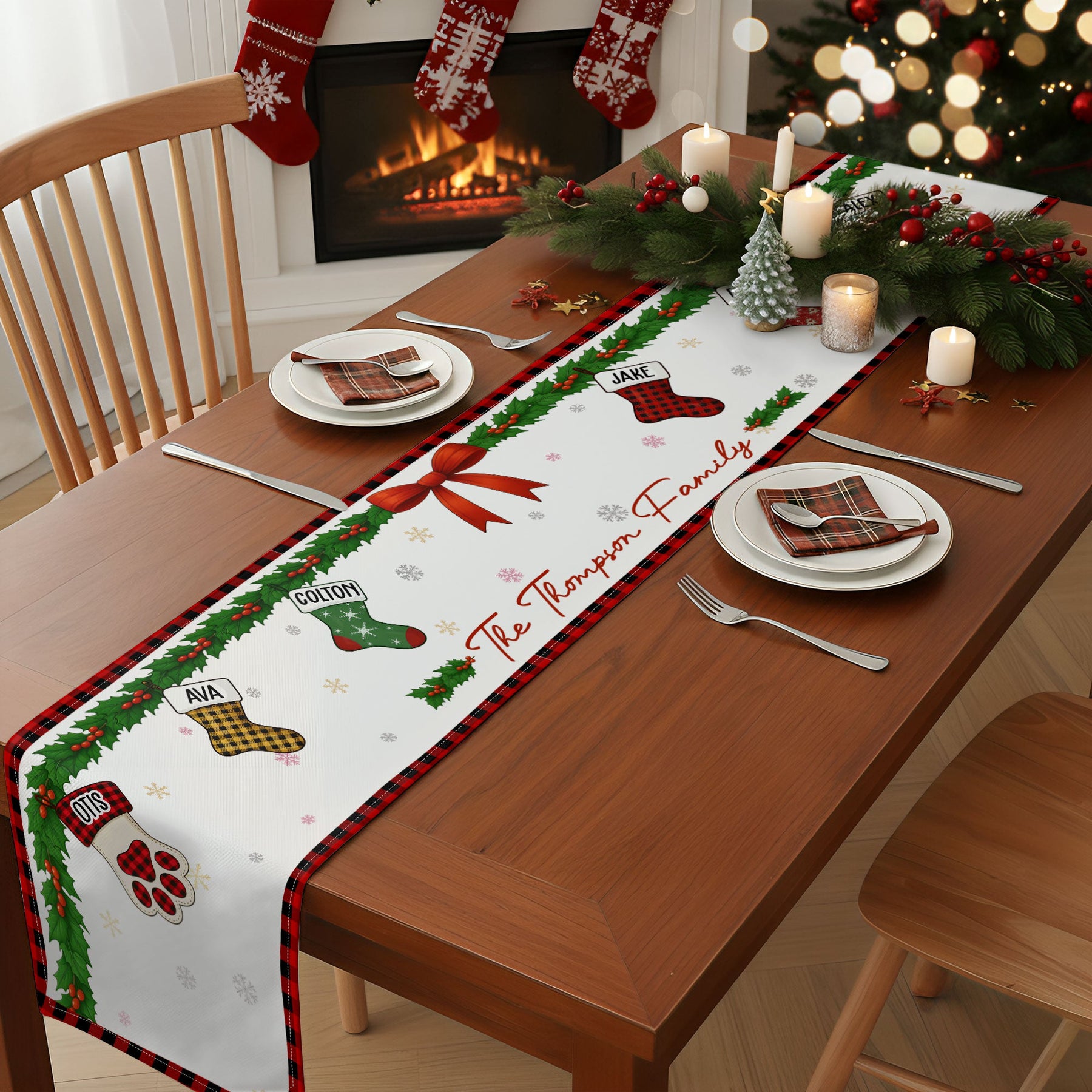 Christmas Together - Custom Family Name, Stocking Xmas Theme - Personalized Table Runner