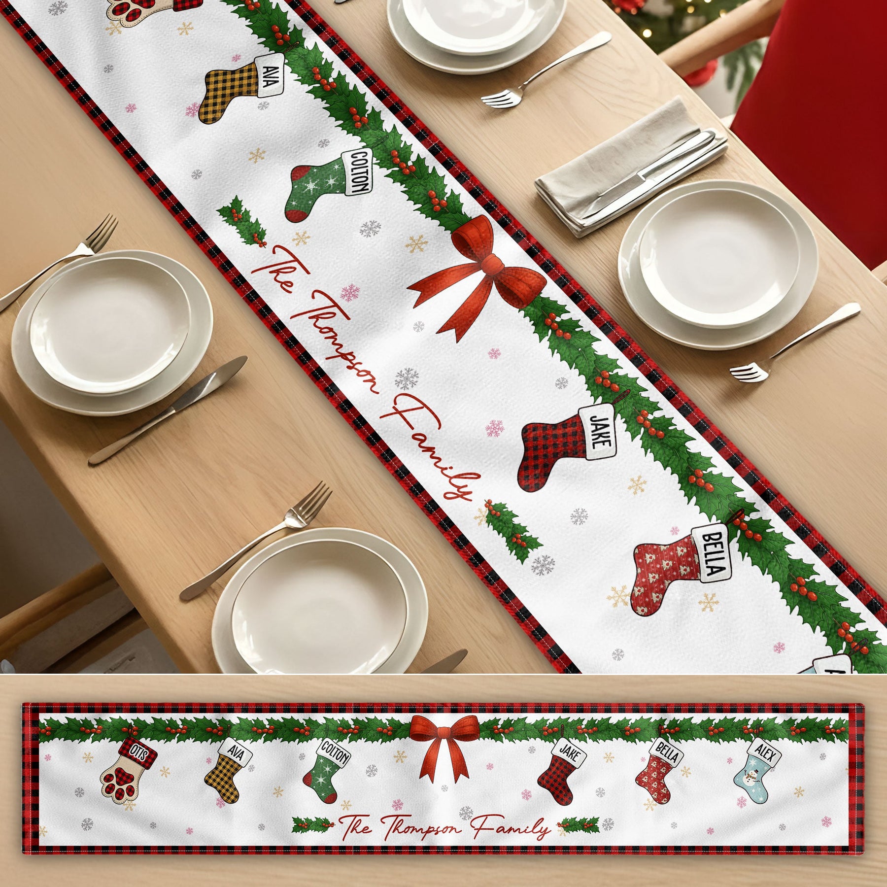 Christmas Together - Custom Family Name, Stocking Xmas Theme - Personalized Table Runner