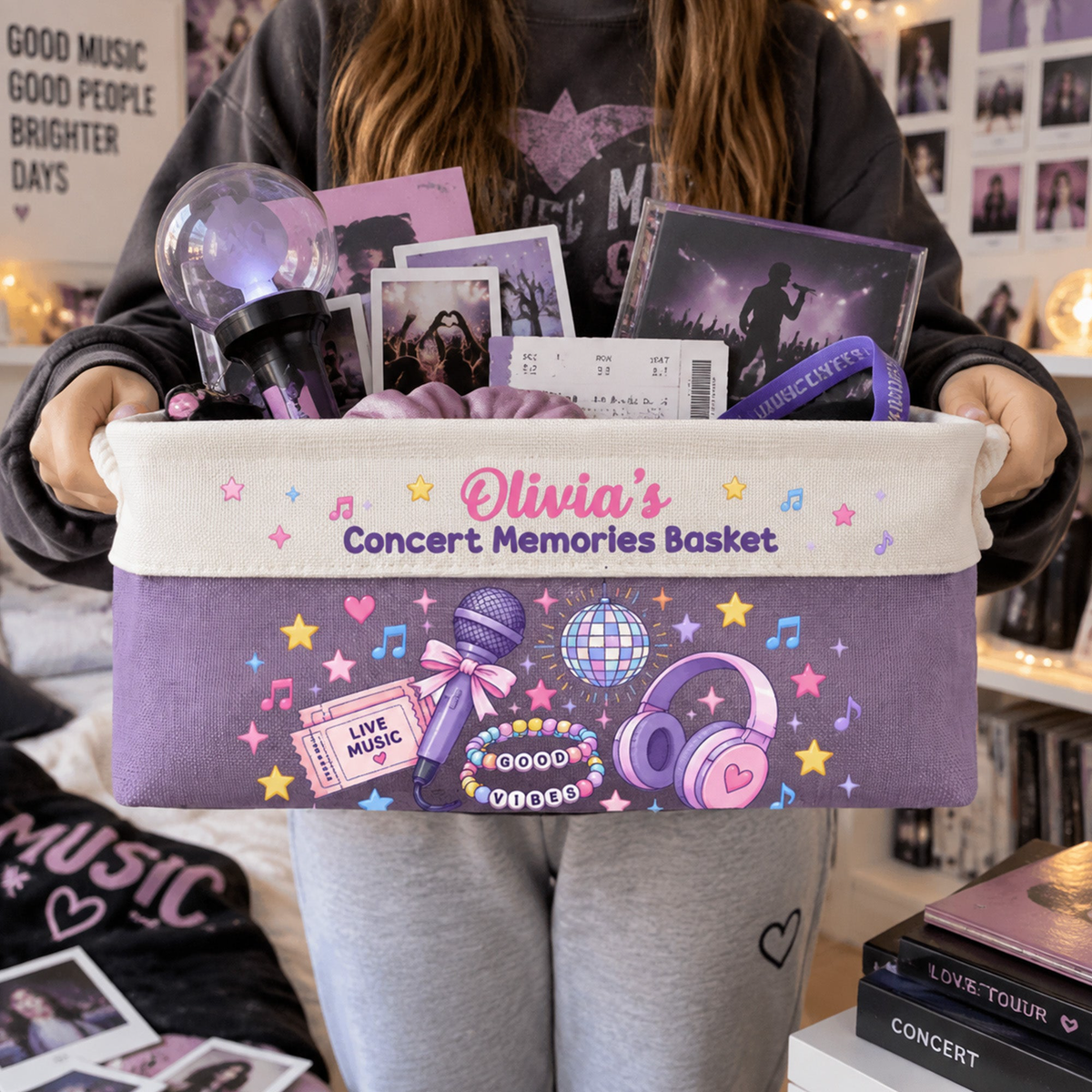 Concert Memories Basket For Daughter, Fan Girl, Music Lovers - Personalized Storage Basket