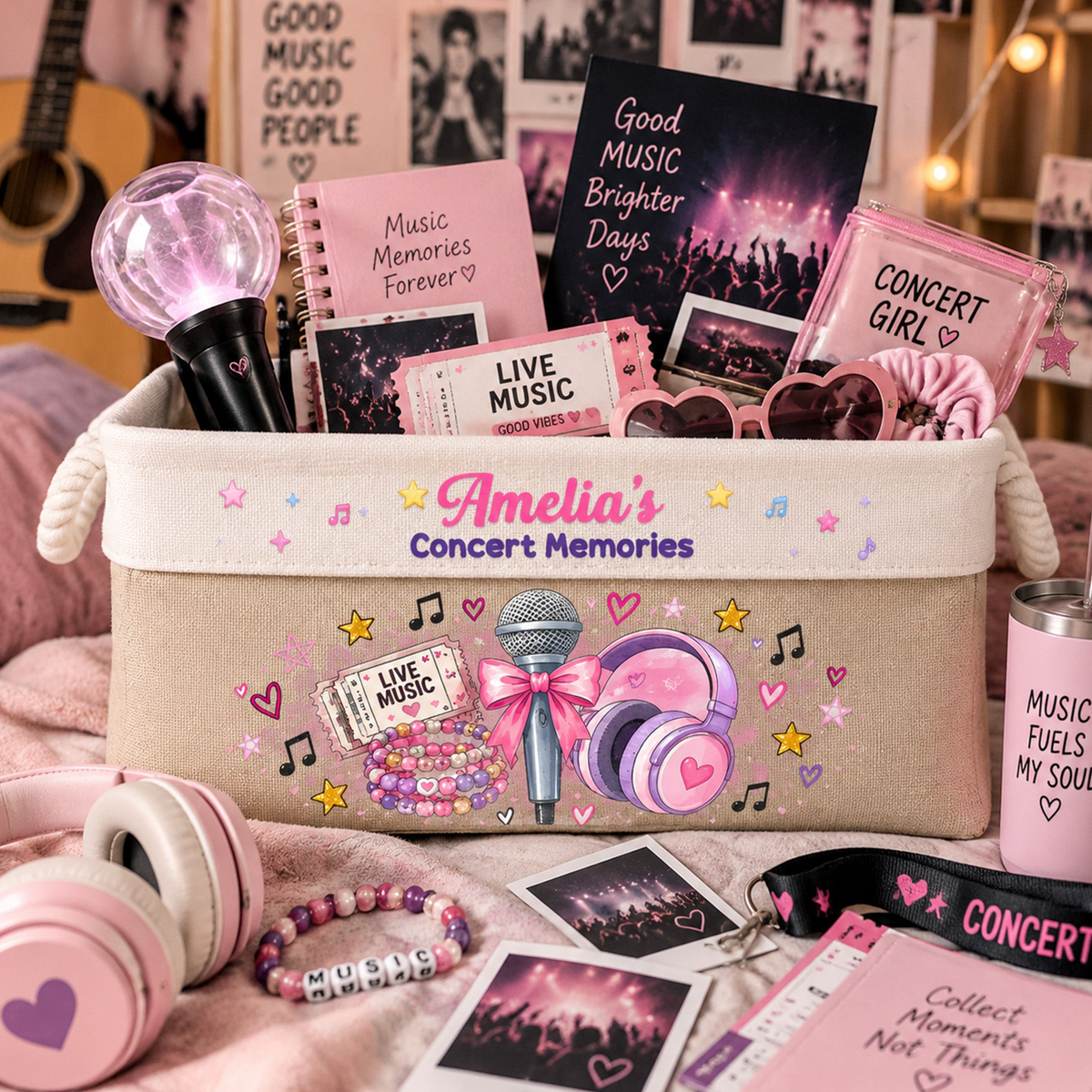 Concert Memories Basket For Daughter, Fan Girl, Music Lovers - Personalized Storage Basket