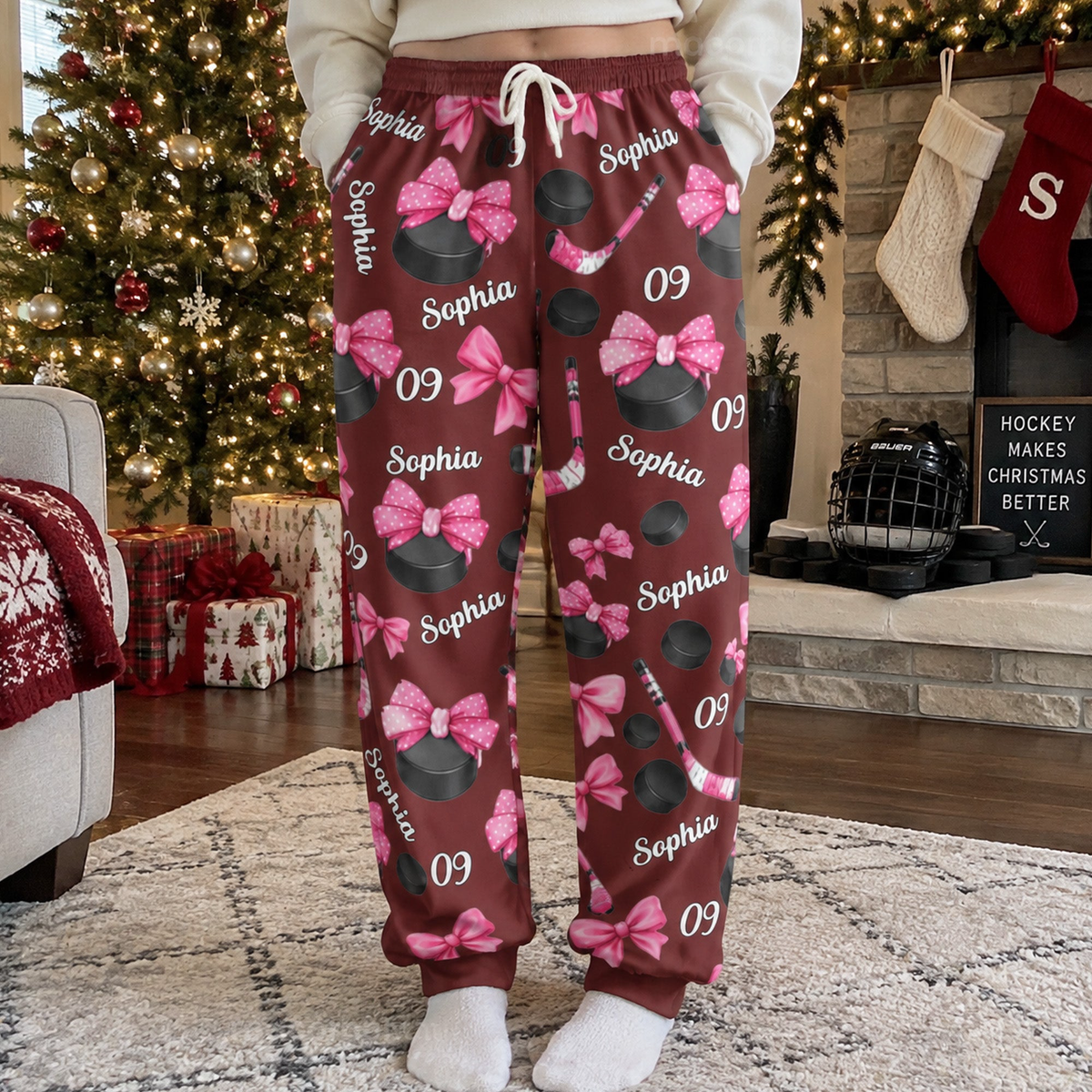 Coquette Bow Hockey Custom Name, Number Gift For Hockey Player, Hockey Team - Personalized Lounge Pants