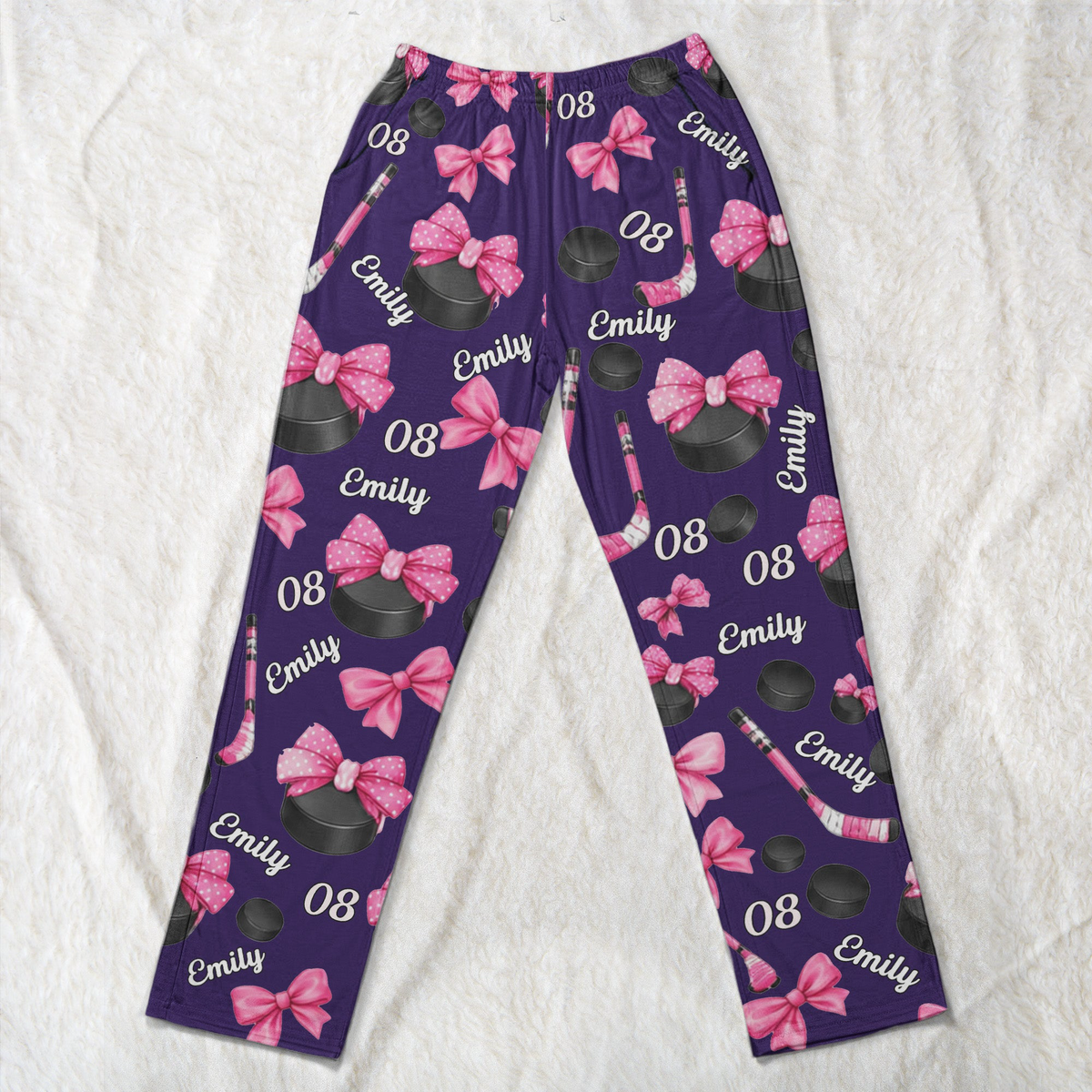 Coquette Bow Hockey Custom Name, Number Gift For Hockey Player, Hockey Team - Personalized Lounge Pants