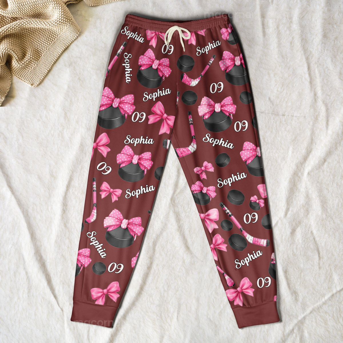 Coquette Bow Hockey Custom Name, Number Gift For Hockey Player, Hockey Team - Personalized Lounge Pants