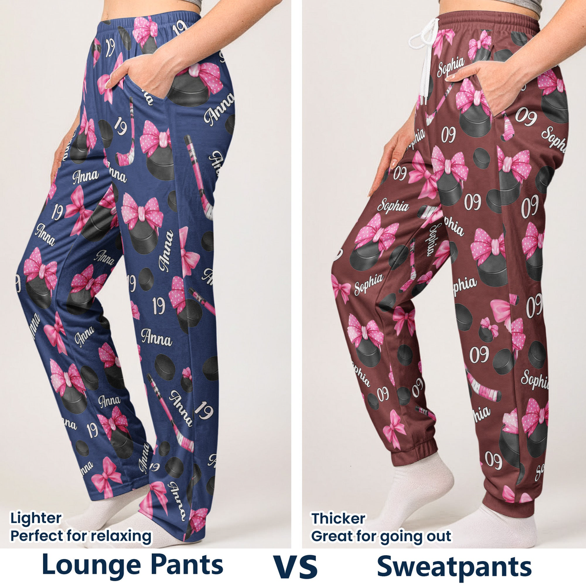 Coquette Bow Hockey Custom Name, Number Gift For Hockey Player, Hockey Team - Personalized Lounge Pants