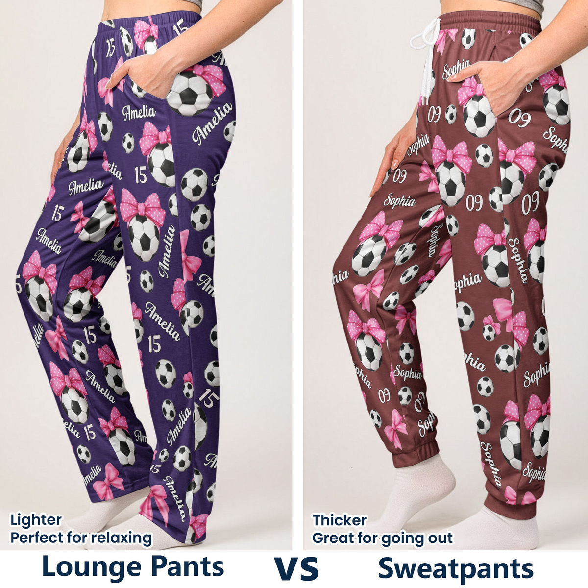 Coquette Bow Soccer Custom Name, Number Gift For Soccer Player, Soccer Team - Personalized Lounge Pants