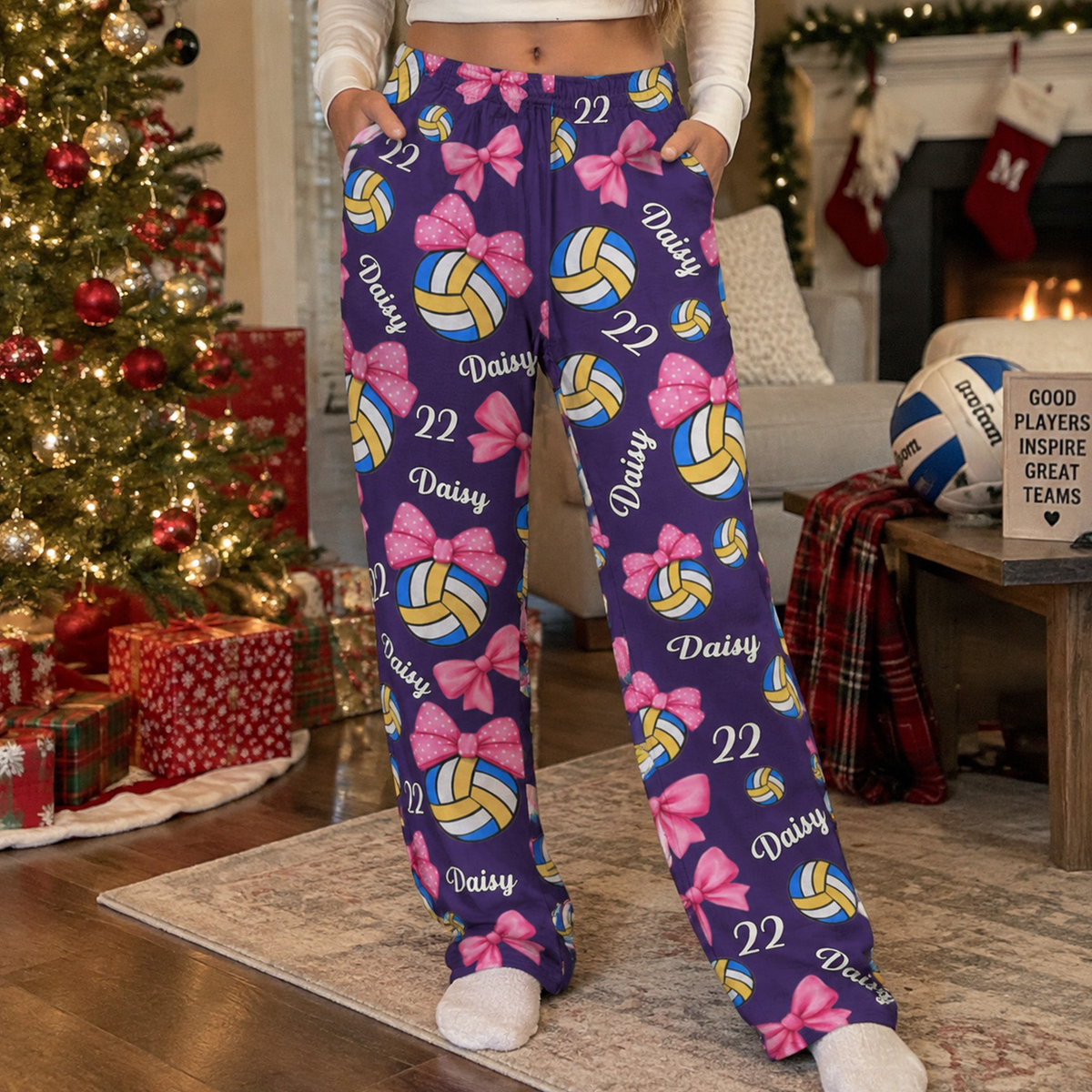 Coquette Bow Volleyball Custom Name, Number Gift For Volleyball Player, Volleyball Team - Personalized Lounge Pants