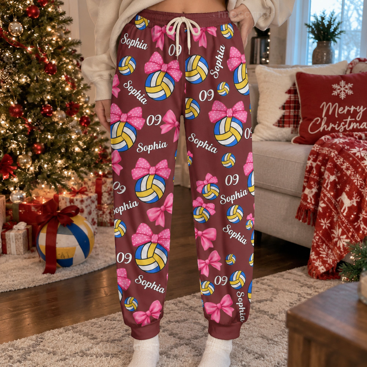 Coquette Bow Volleyball Custom Name, Number Gift For Volleyball Player, Volleyball Team - Personalized Lounge Pants