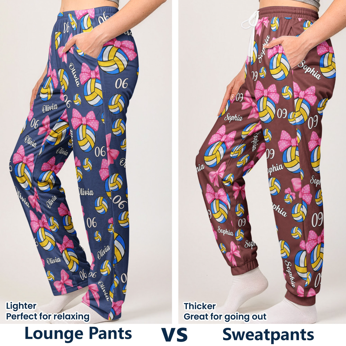 Coquette Bow Volleyball Custom Name, Number Gift For Volleyball Player, Volleyball Team - Personalized Lounge Pants