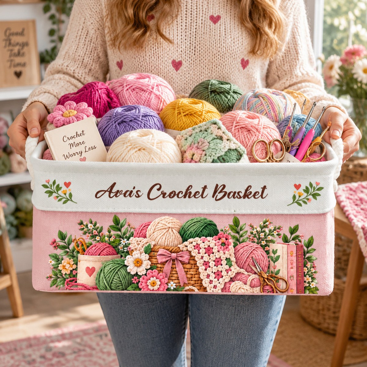 Crochet Lovers, Knitting Lovers Basket For Her, Mom, Grandma, Daughter - Personalized Storage Basket