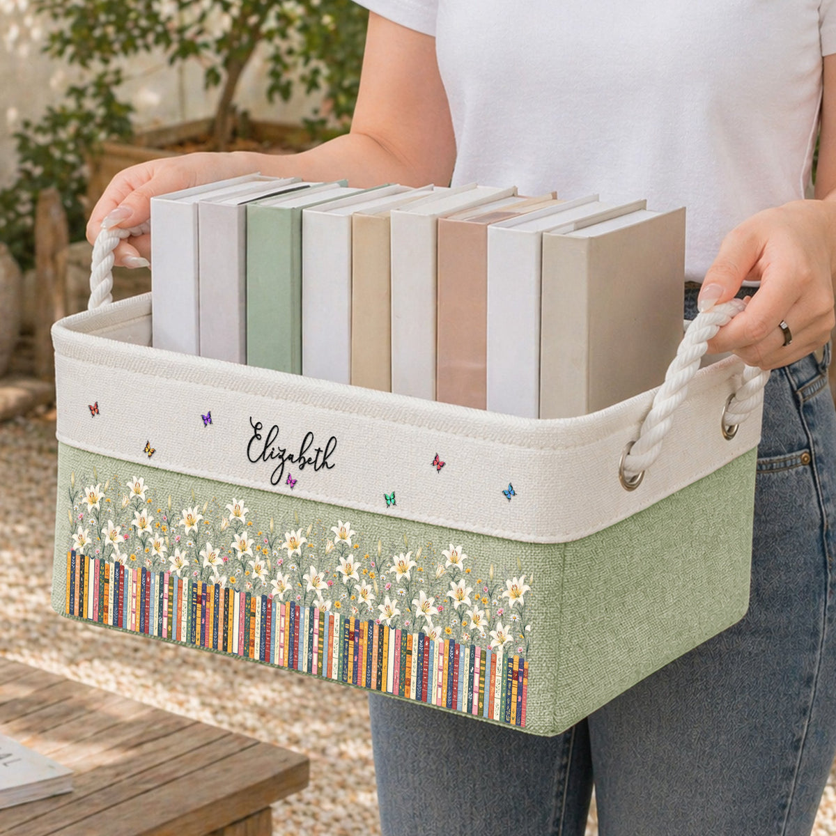 Custom Birth Flower & Name - For Book Lovers - Personalized Storage Basket