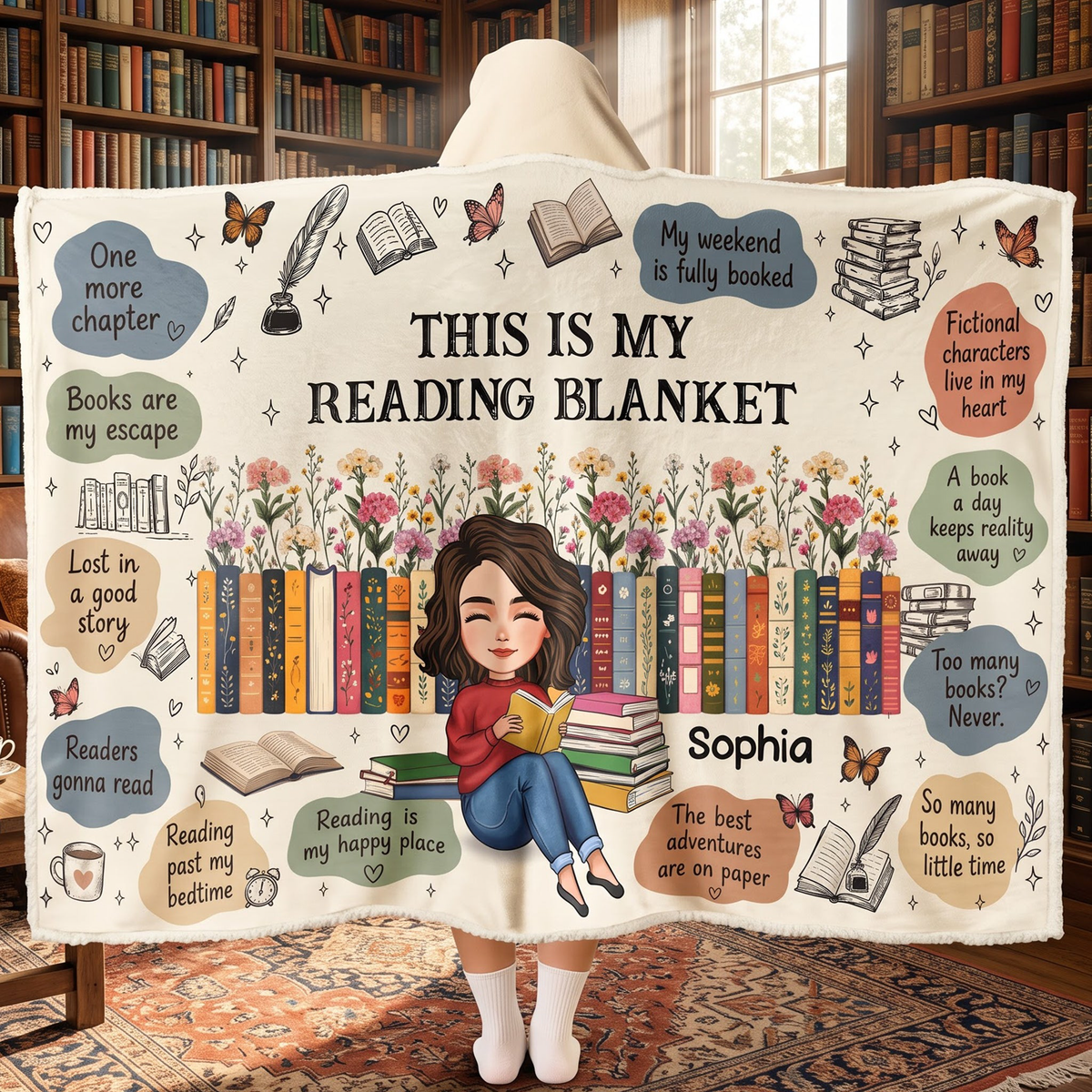 Custom Birth Flower & Name For Friends, Book Lovers, Book Clubs - Personalized Blanket