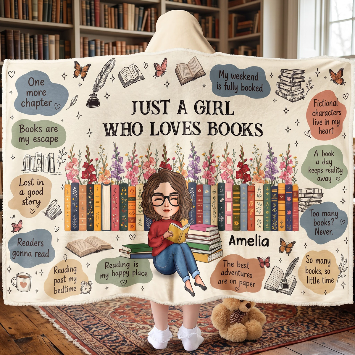 Custom Birth Flower & Name For Friends, Book Lovers, Book Clubs - Personalized Blanket