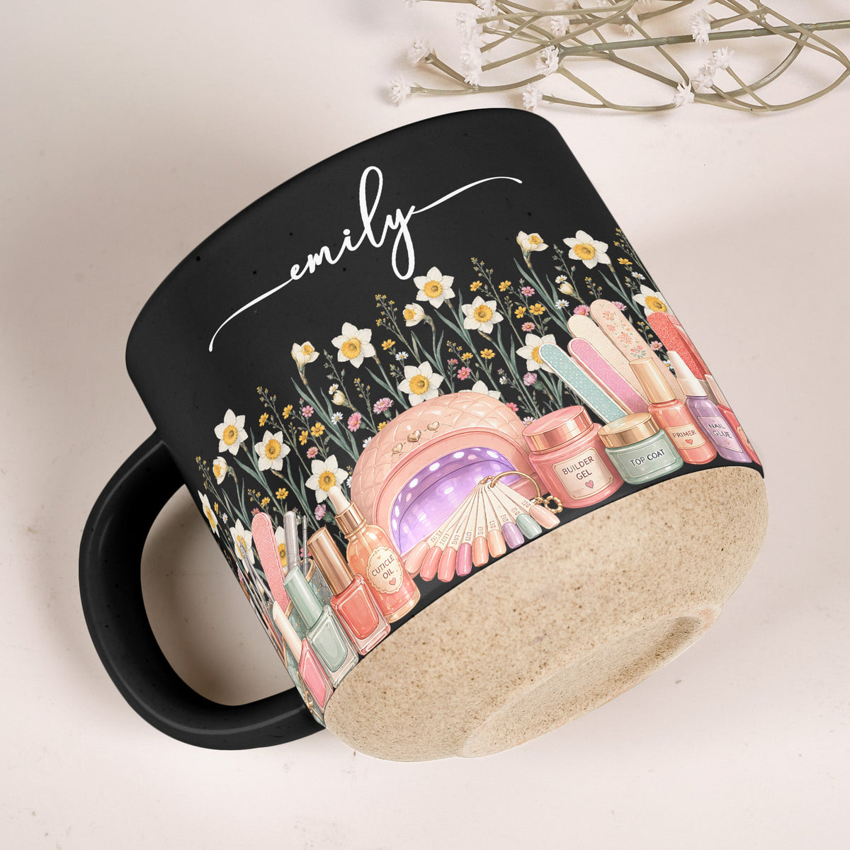 Custom Birth Flower & Name Pottery Mug - Gift For Nail Tech - Personalized Mug
