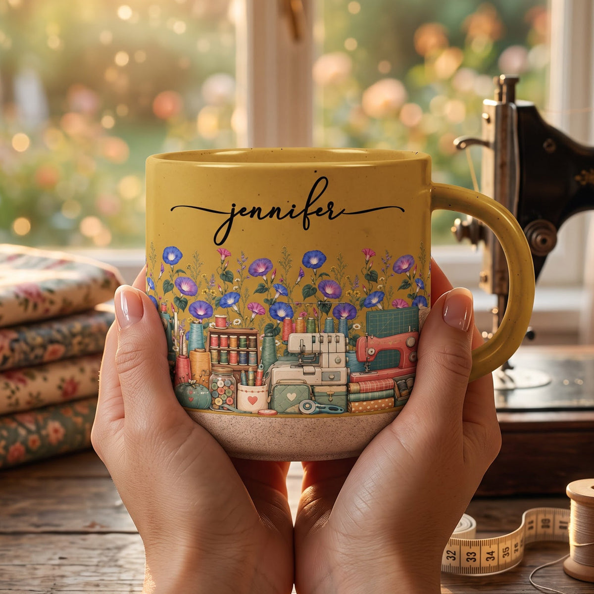 Custom Birth Flower & Name Pottery Mug - Gift For Sewist - Personalized Mug