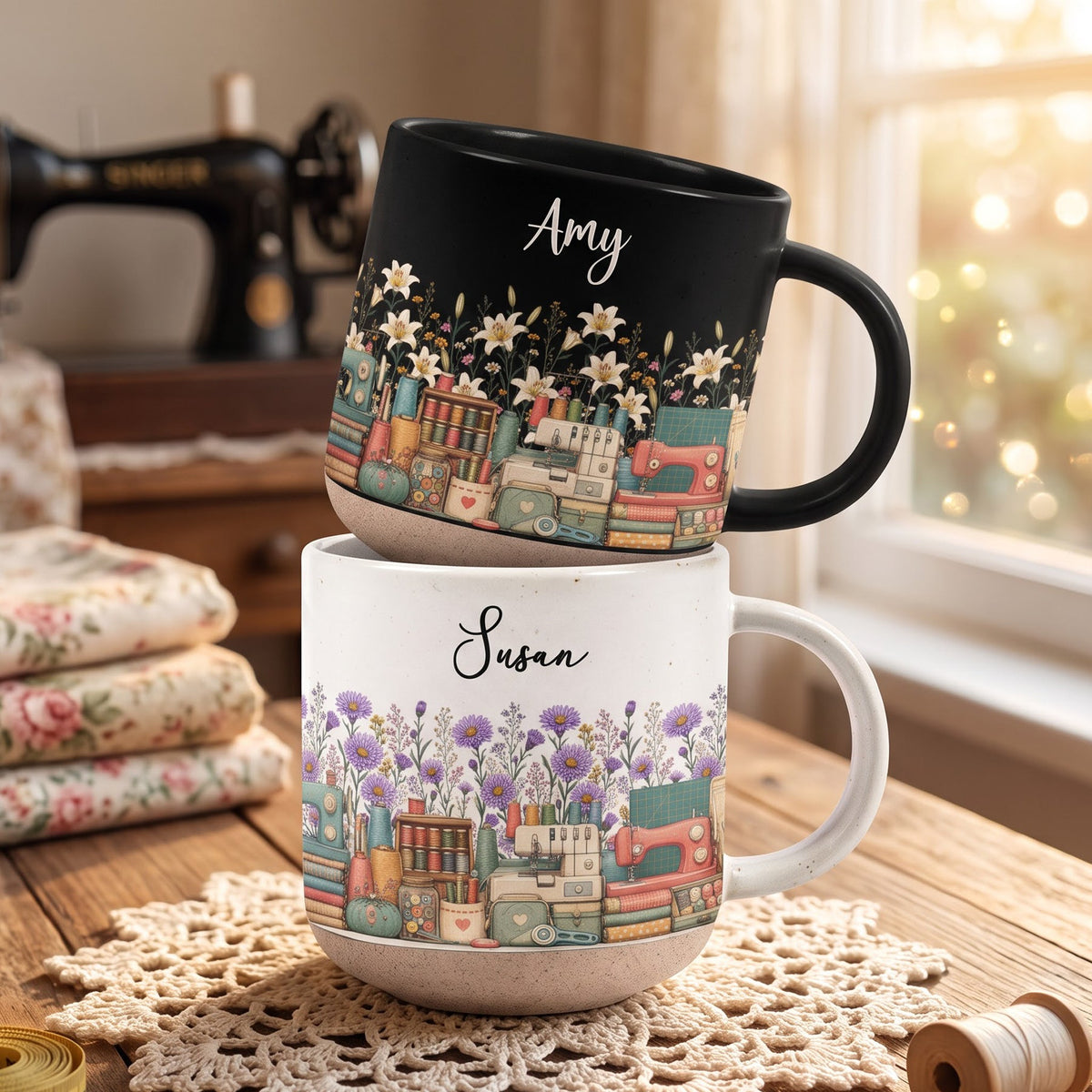 Custom Birth Flower & Name Pottery Mug - Gift For Sewist - Personalized Mug