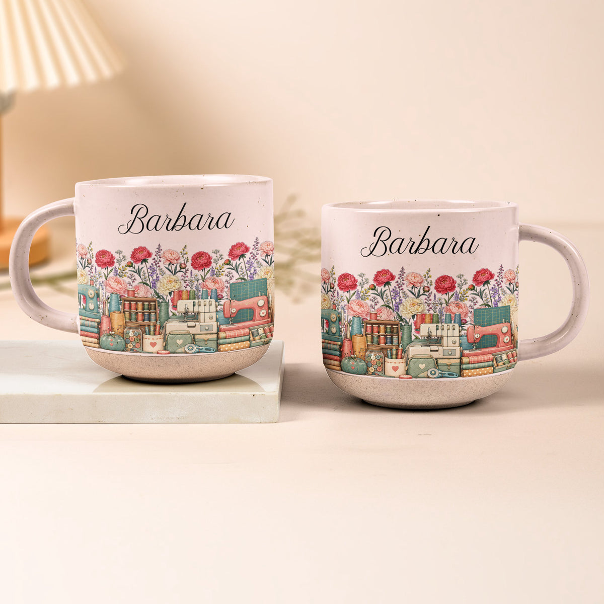 Custom Birth Flower & Name Pottery Mug - Gift For Sewist - Personalized Mug