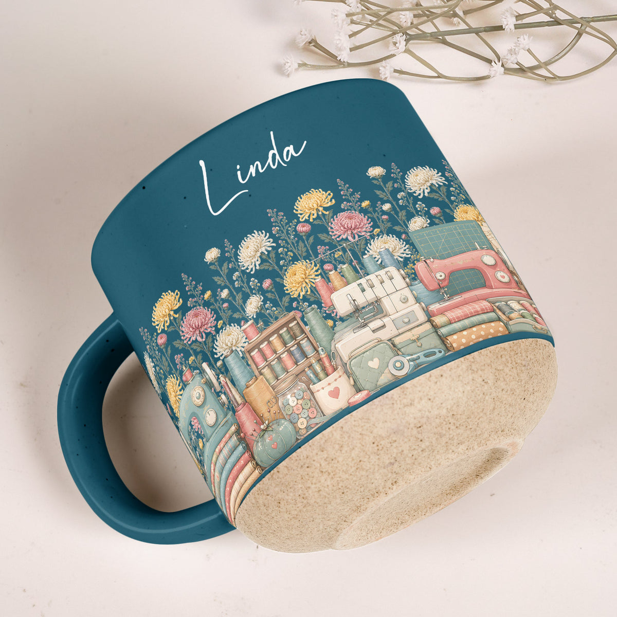 Custom Birth Flower & Name Pottery Mug - Gift For Sewist - Personalized Mug