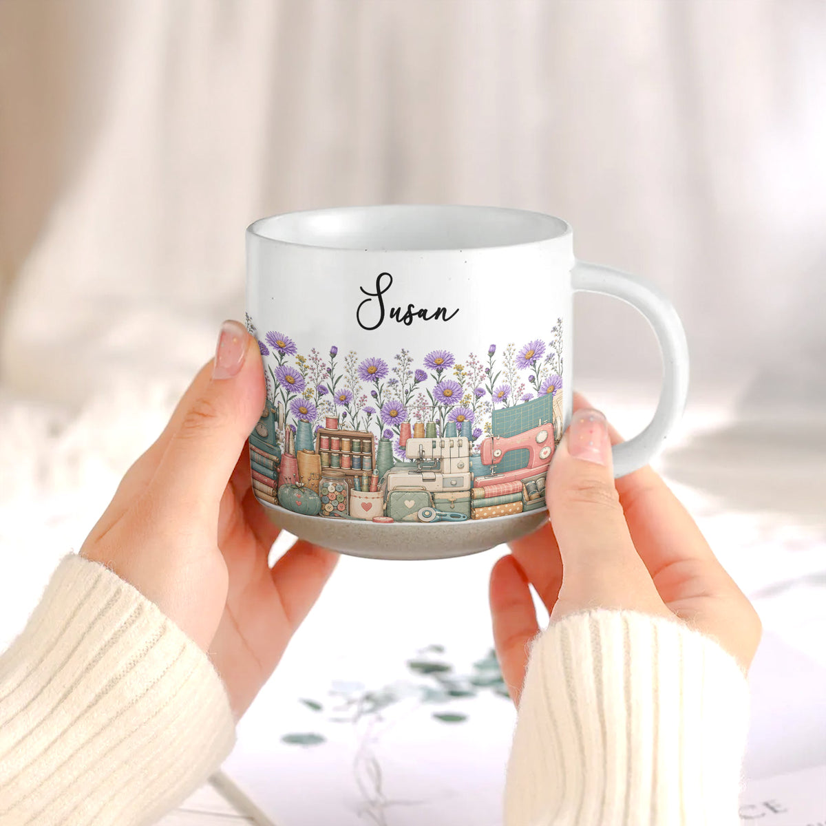 Custom Birth Flower & Name Pottery Mug - Gift For Sewist - Personalized Mug