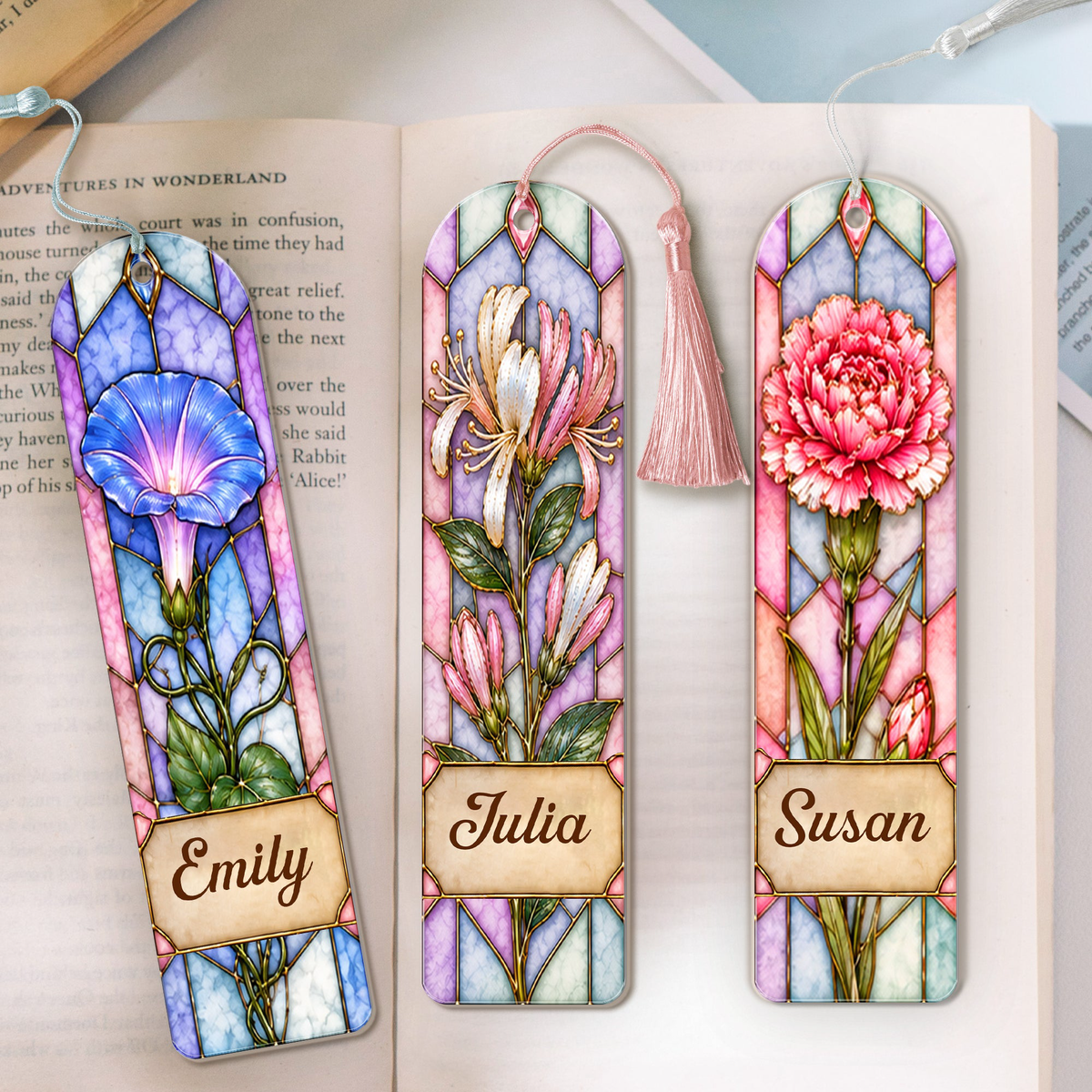 Custom Birth Flower & Name Stained Glass Printed Style - Custom Bookmark
