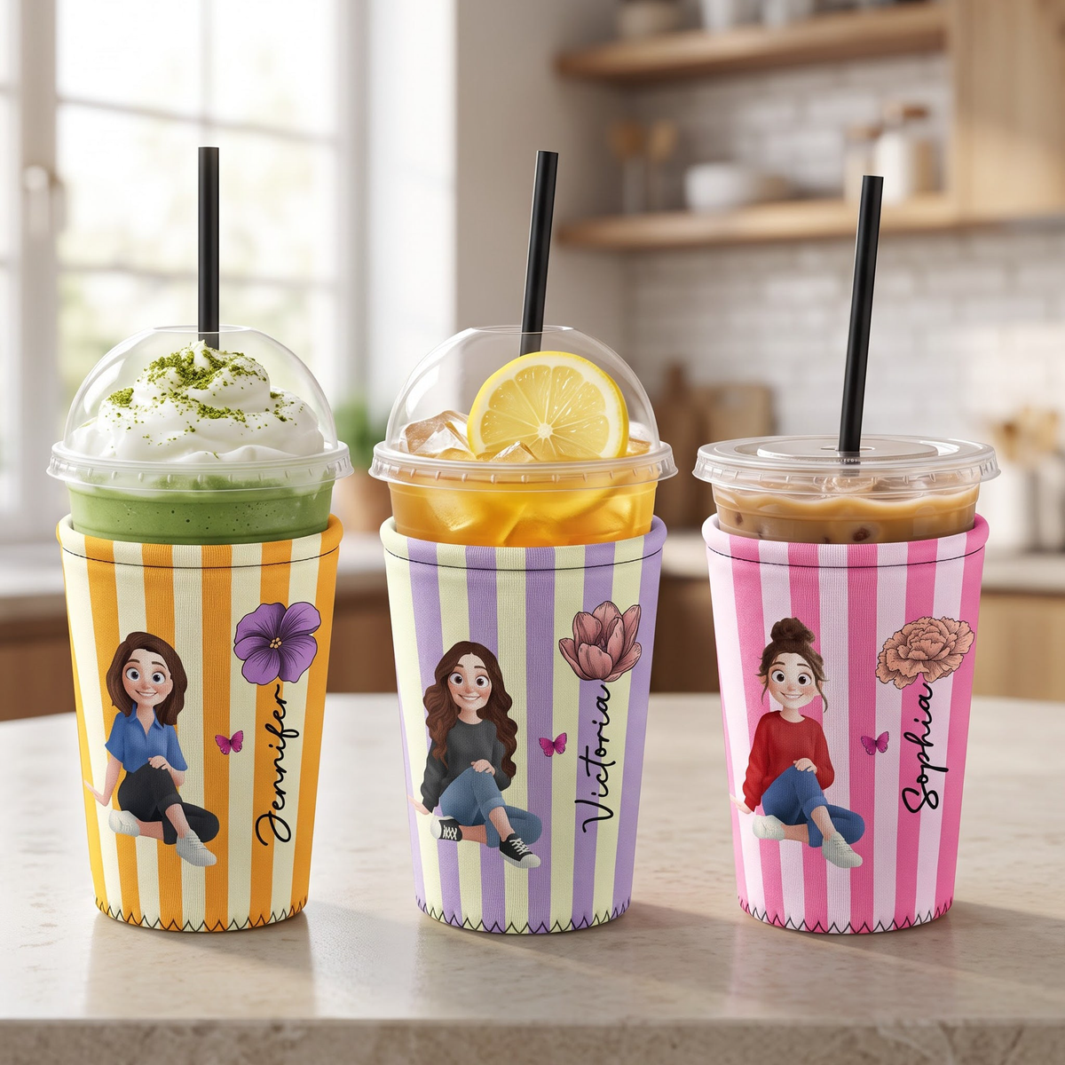Custom Birth Flower, Name & Cute Character For Her, Daughter, Mom, Friends - Personalized Iced Coffee Sleeve