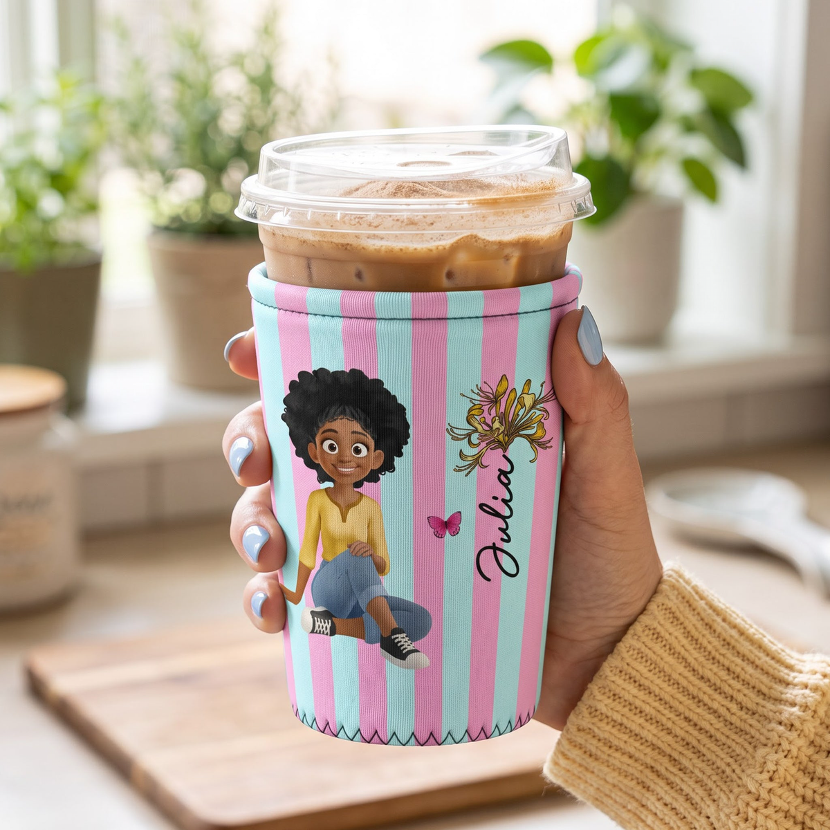 Custom Birth Flower, Name & Cute Character For Her, Daughter, Mom, Friends - Personalized Iced Coffee Sleeve