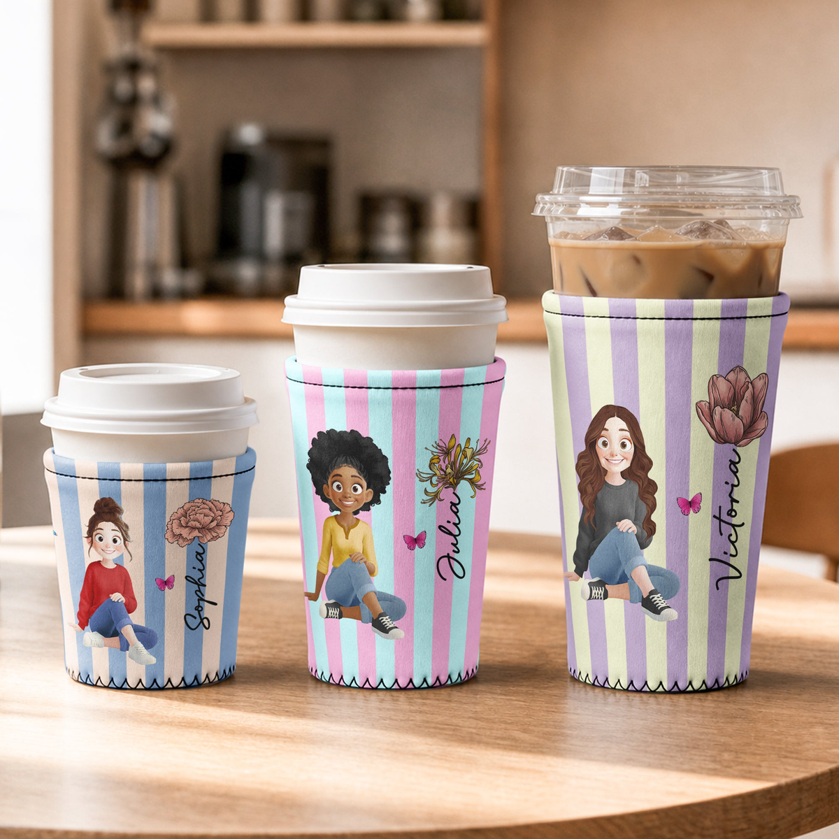 Custom Birth Flower, Name & Cute Character For Her, Daughter, Mom, Friends - Personalized Iced Coffee Sleeve
