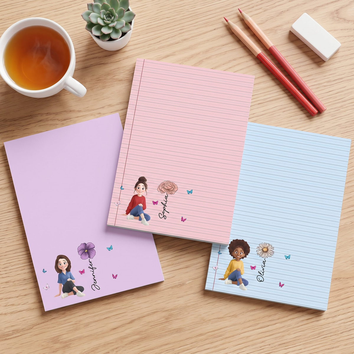 Custom Birth Flower, Name & Cute Character For Her, Daughter, Mom, Friends - Personalized Notepad