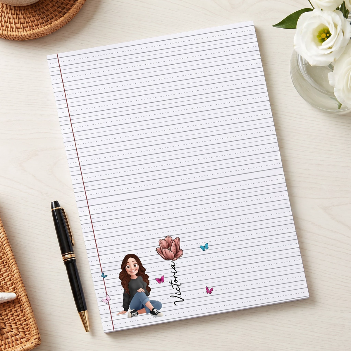 Custom Birth Flower, Name & Cute Character For Her, Daughter, Mom, Friends - Personalized Notepad