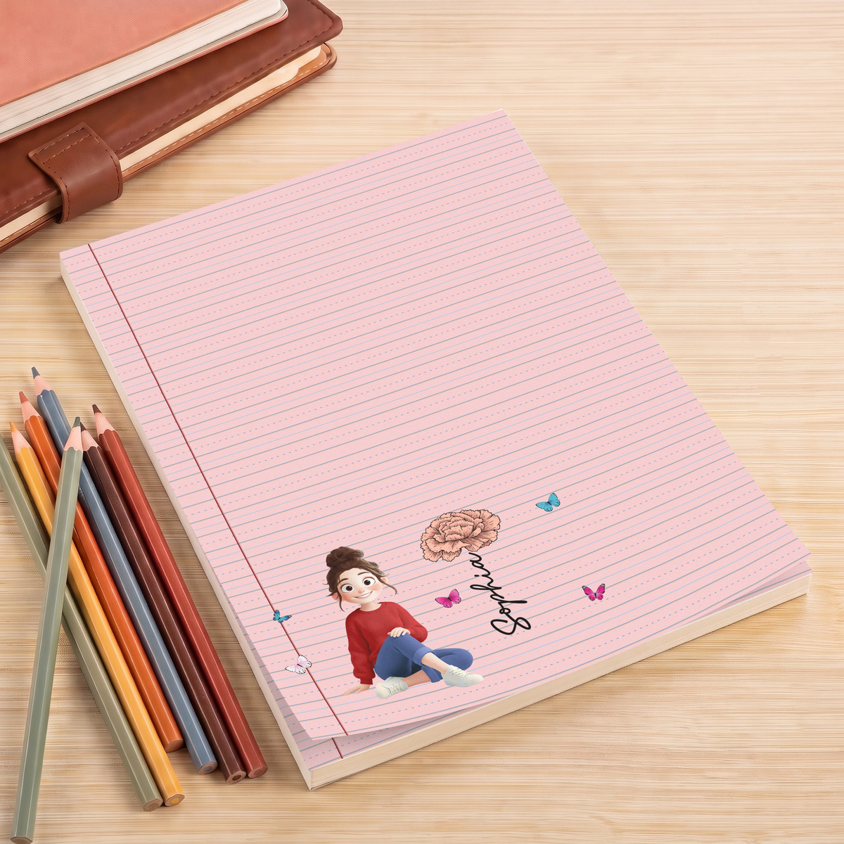 Custom Birth Flower, Name & Cute Character For Her, Daughter, Mom, Friends - Personalized Notepad