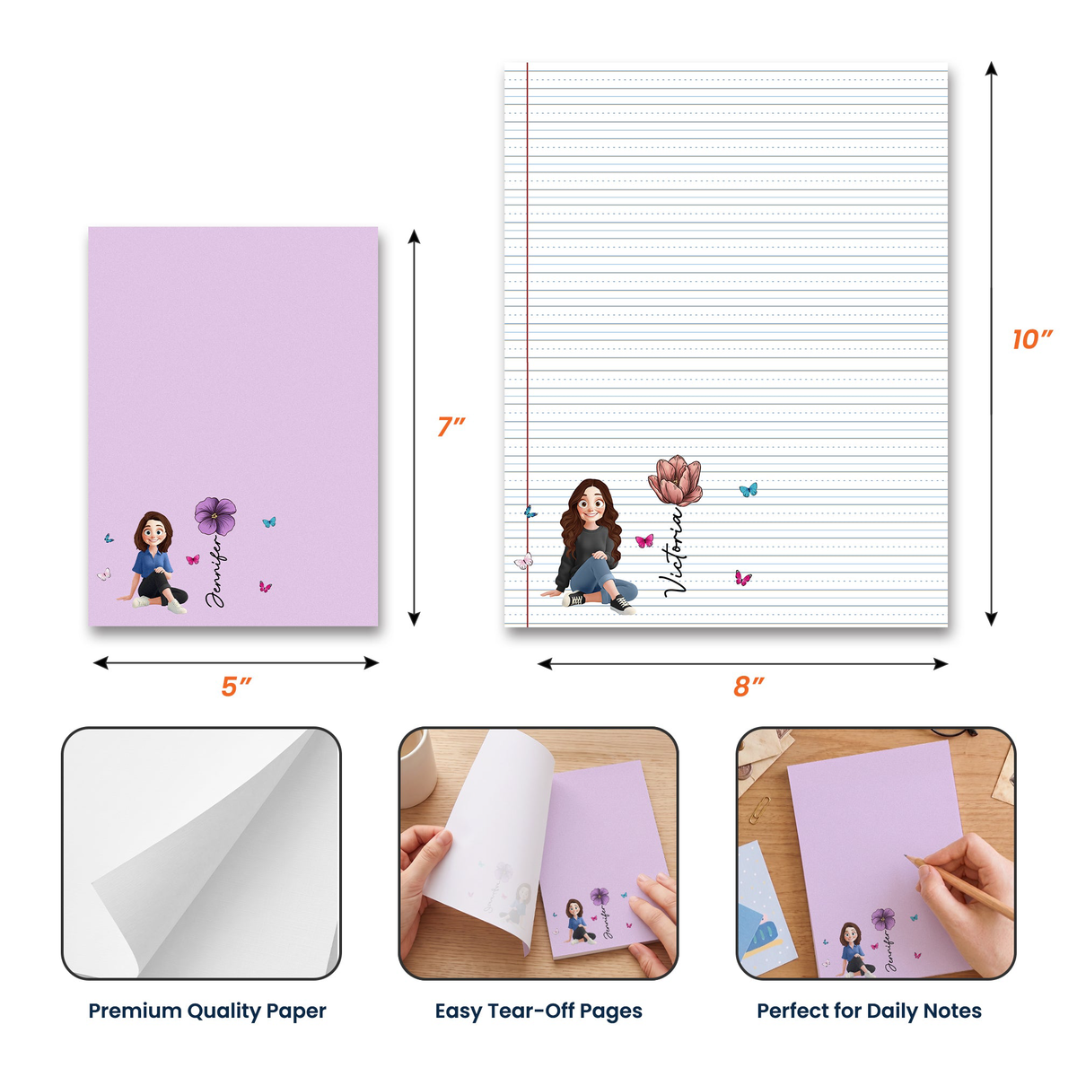 Custom Birth Flower, Name & Cute Character For Her, Daughter, Mom, Friends - Personalized Notepad