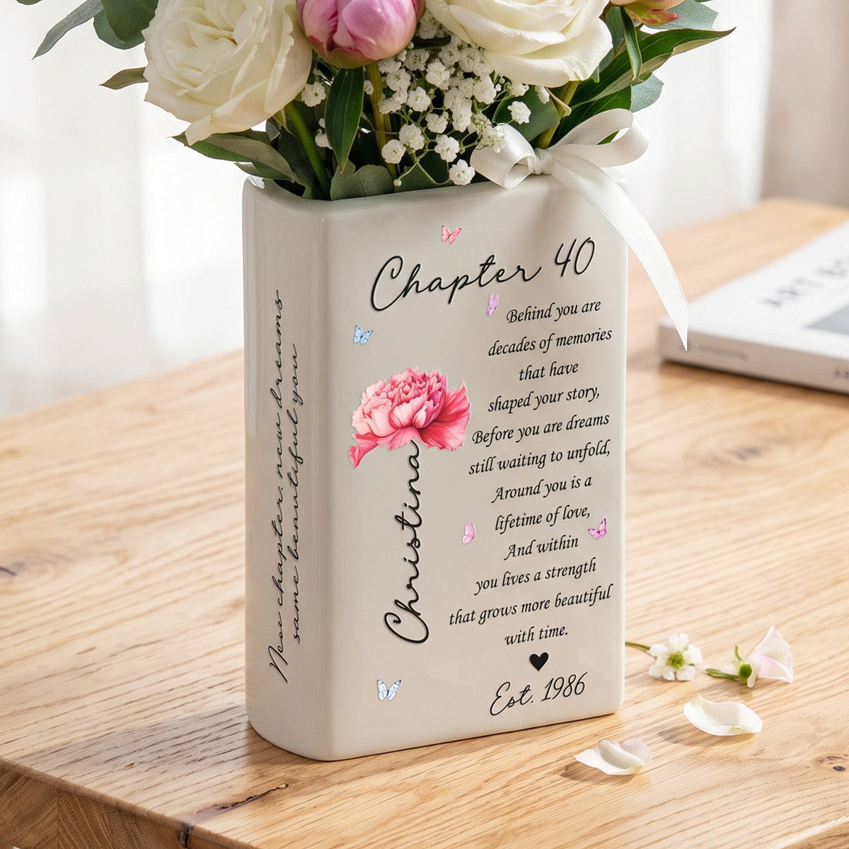 Custom Birth Month Flower Bookish 40th Birthday Gift For Her, Best Friend Woman - Personalized Vase