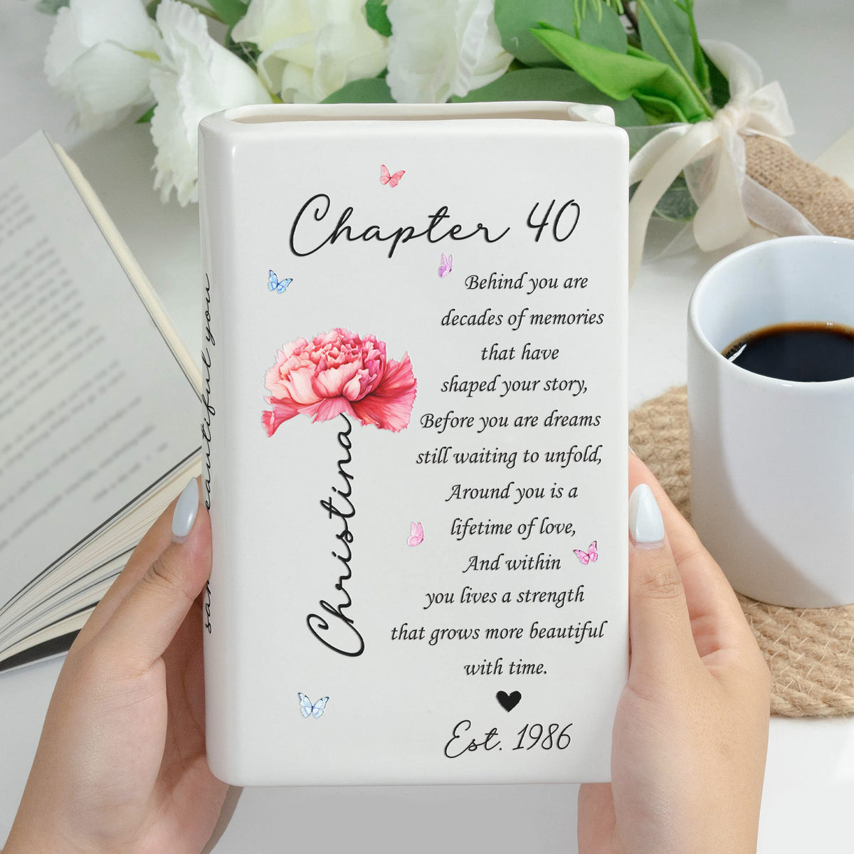 Custom Birth Month Flower Bookish 40th Birthday Gift For Her, Best Friend Woman - Personalized Vase