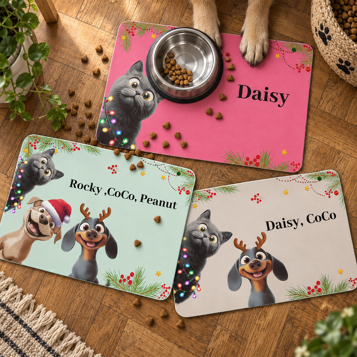 Custom Christmas Dog Cat Food Bowl Mat, Holiday Pet Placemat, Christmas Gift For Pet Lovers - Personalized Pet Feeding Mat
