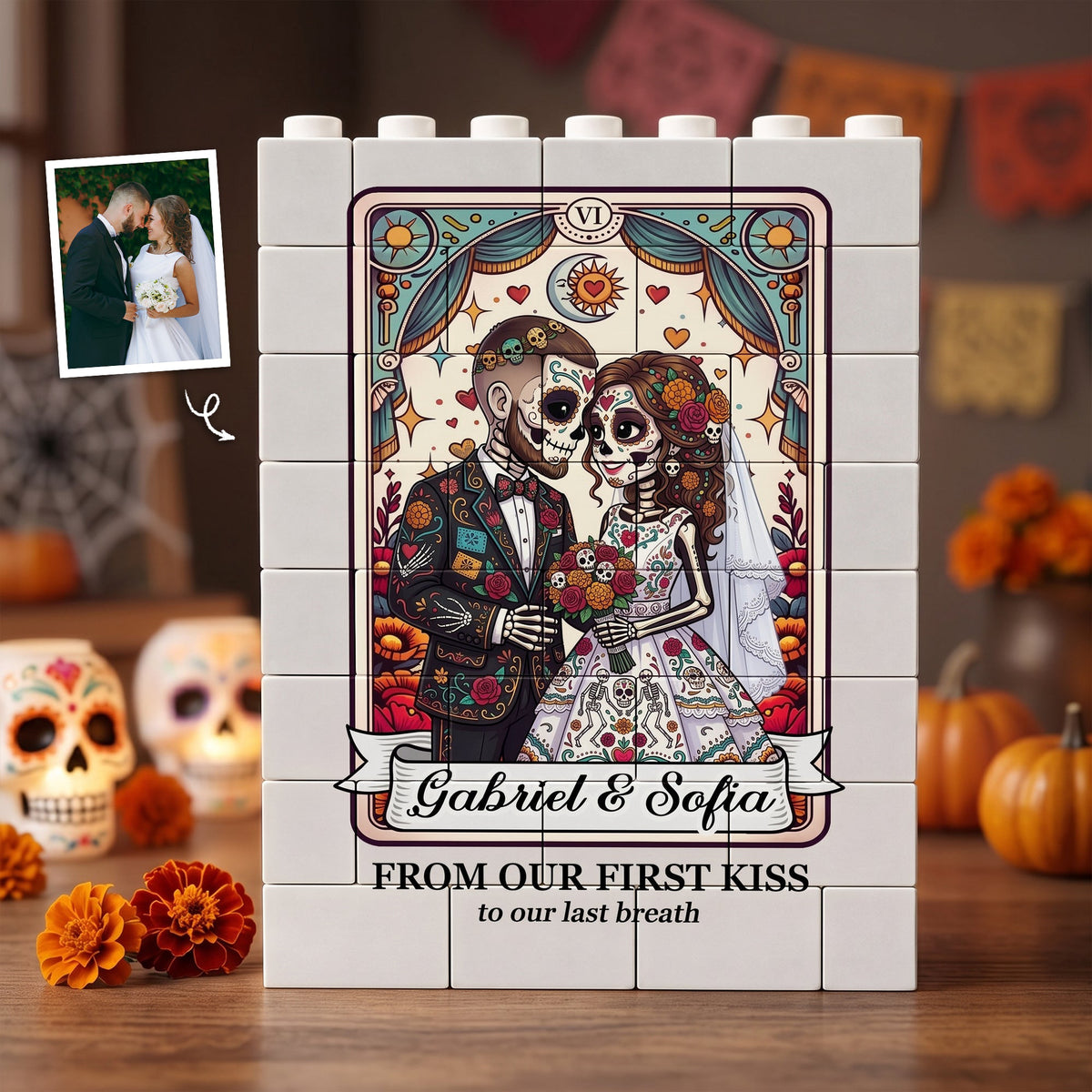 Custom Couple Portrait Till Death Do Us Part Sugar Skull - Personalized Building Blocks
