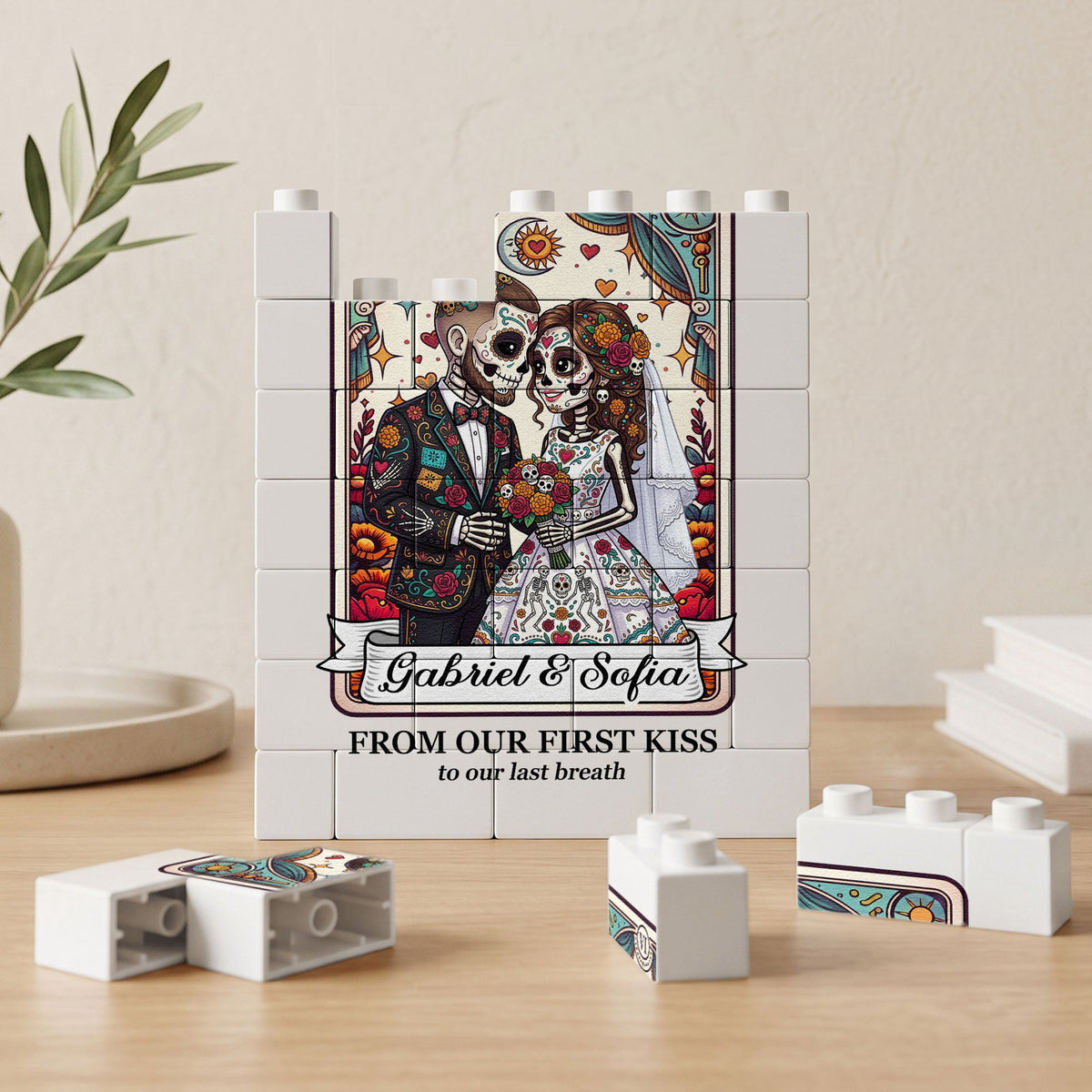 Custom Couple Portrait Till Death Do Us Part Sugar Skull - Personalized Building Blocks