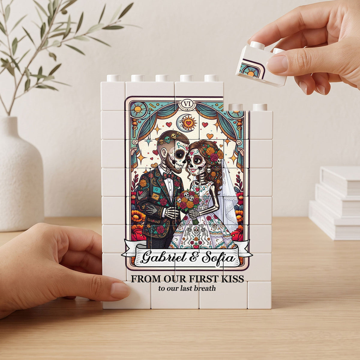Custom Couple Portrait Till Death Do Us Part Sugar Skull - Personalized Building Blocks