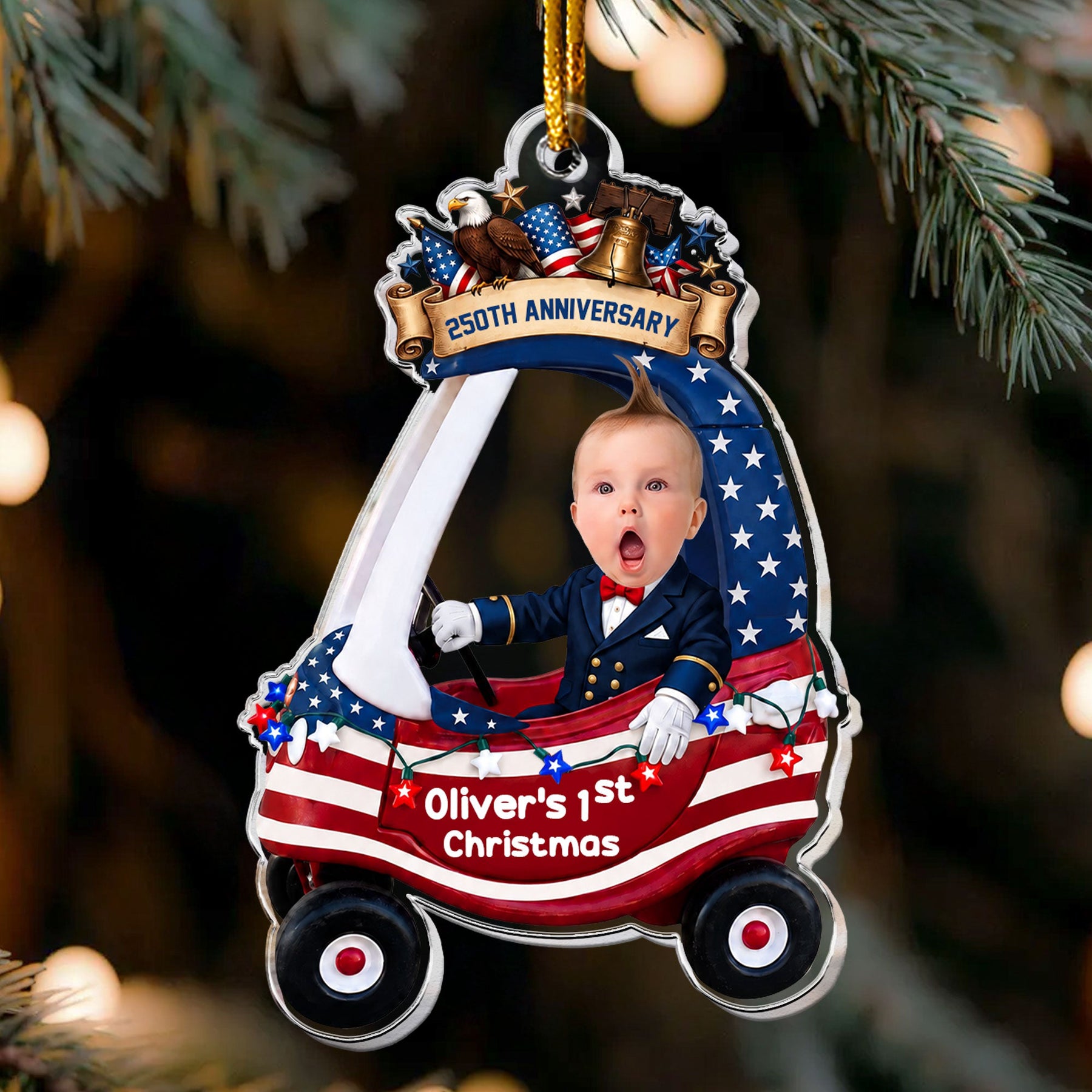 Custom Cute Face Baby First Christmas 250th Anniversary - Personalized Ornament