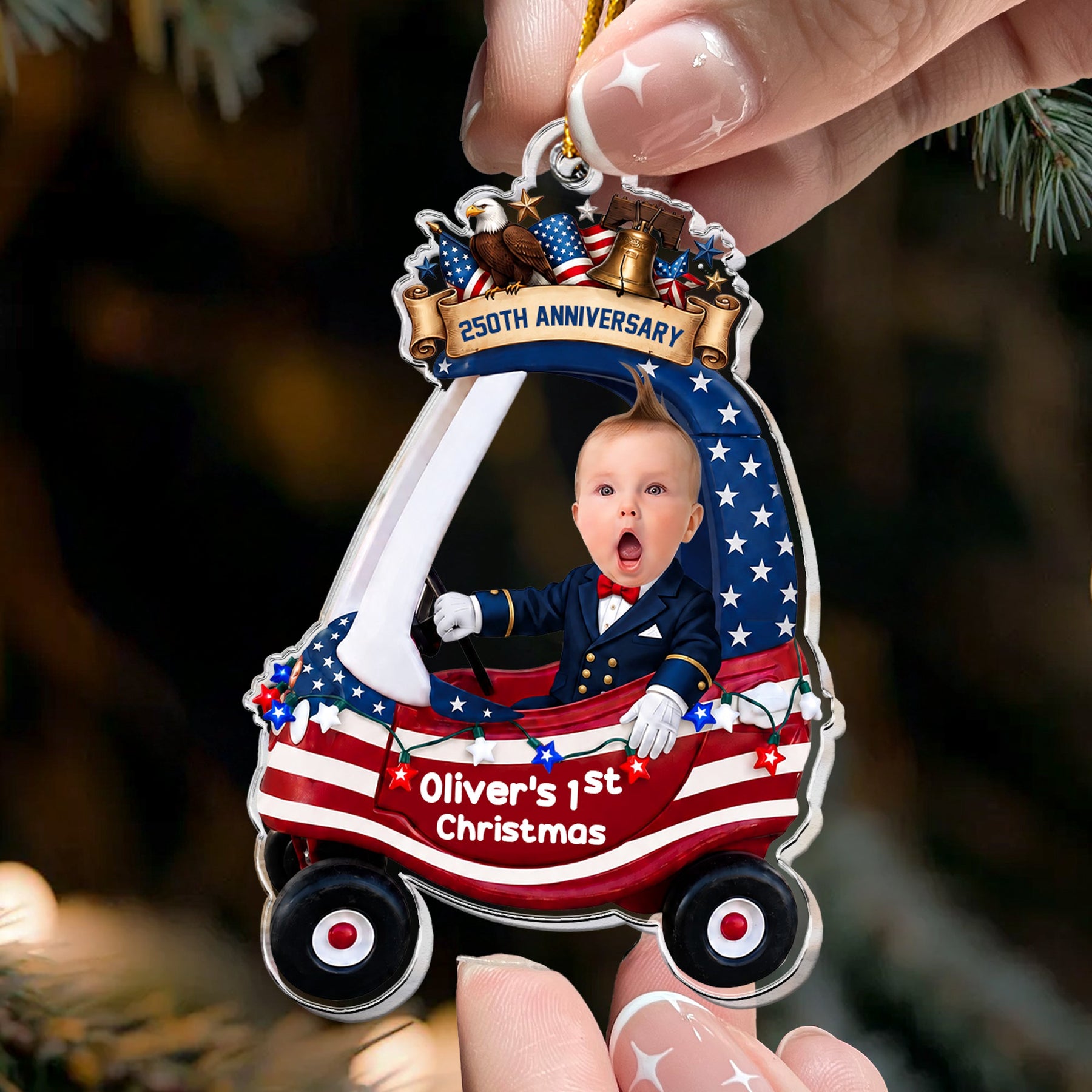 Custom Cute Face Baby First Christmas 250th Anniversary - Personalized Ornament
