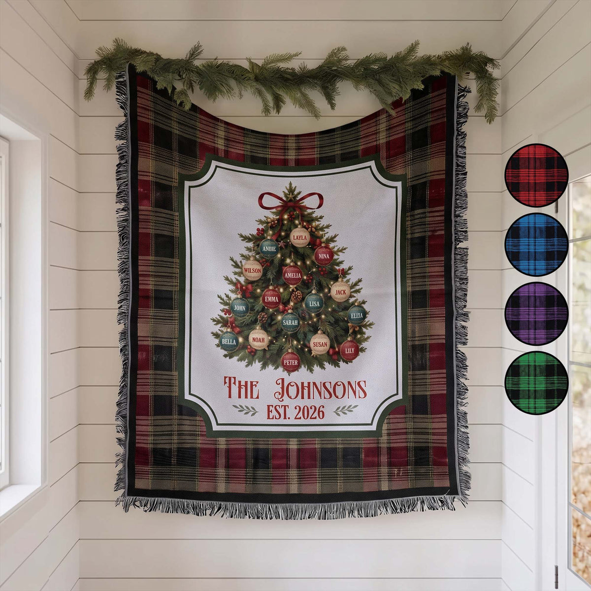 Custom Family Name On Christmas Tree Plaid Holiday Decor - Personalized Blanket
