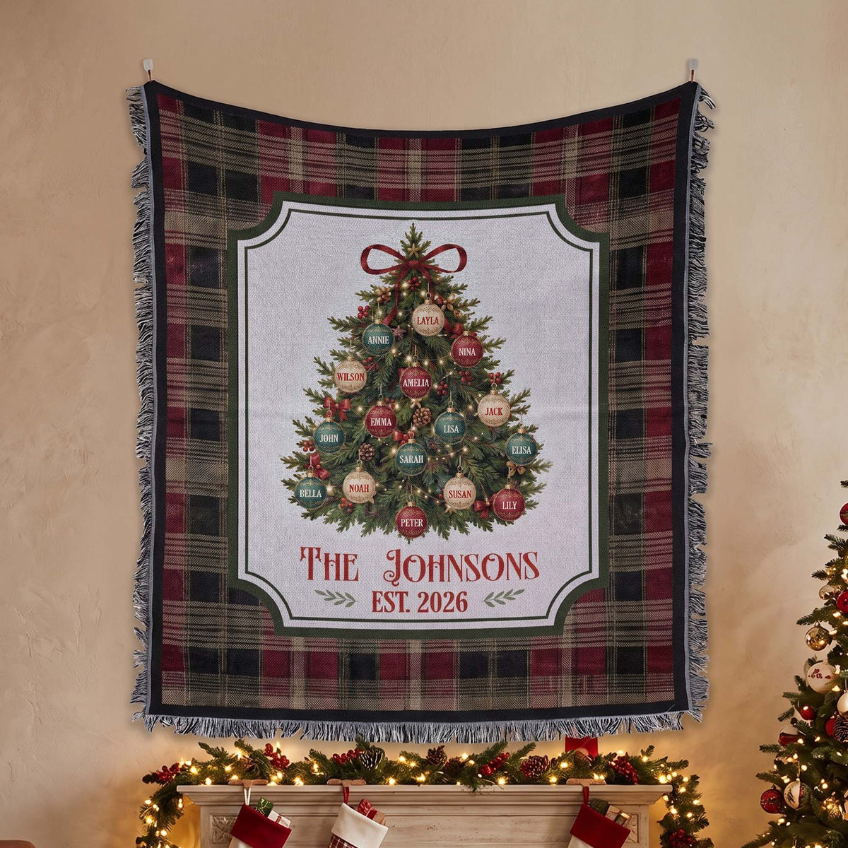 Custom Family Name On Christmas Tree Plaid Holiday Decor - Personalized Blanket