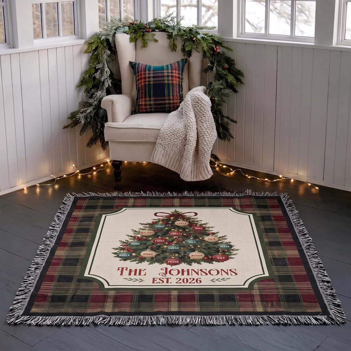 Custom Family Name On Christmas Tree Plaid Holiday Decor - Personalized Blanket
