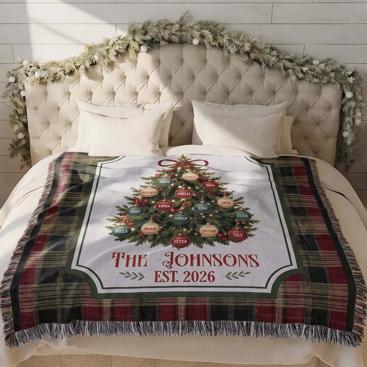 Custom Family Name On Christmas Tree Plaid Holiday Decor - Personalized Blanket