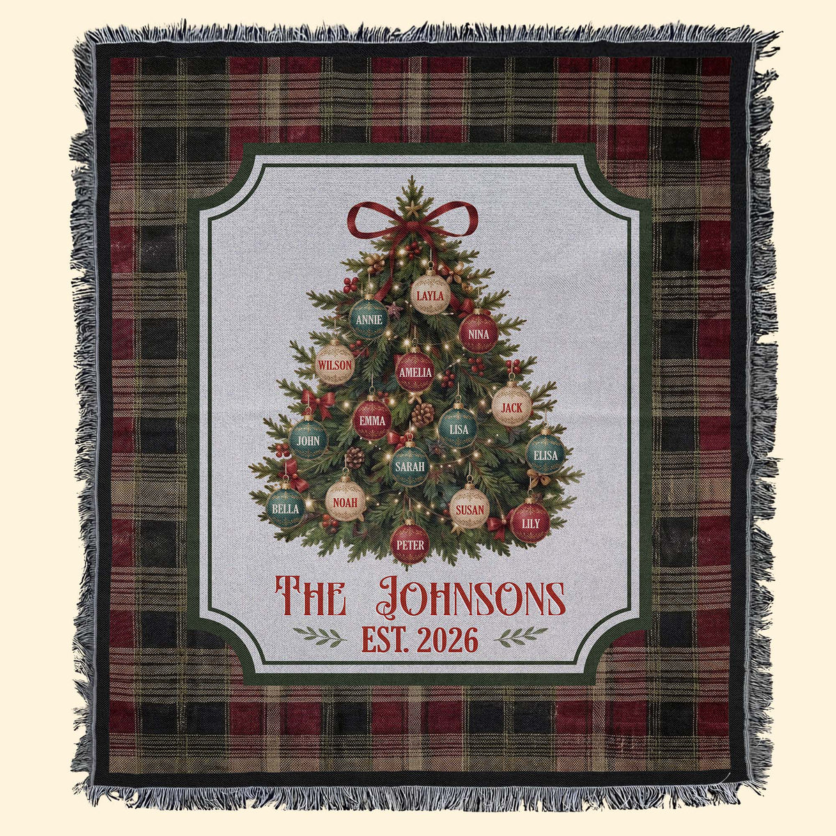 Custom Family Name On Christmas Tree Plaid Holiday Decor - Personalized Blanket