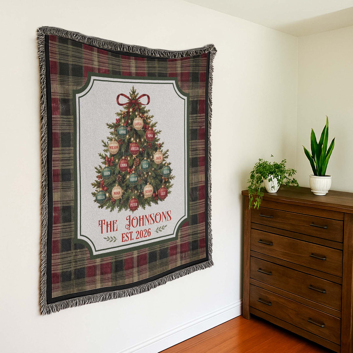 Custom Family Name On Christmas Tree Plaid Holiday Decor - Personalized Blanket