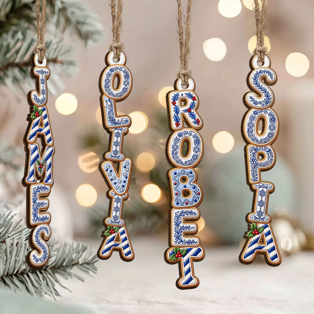 Custom Family Name Toile Ginger Bread Pattern Letter - Personalized Ornament