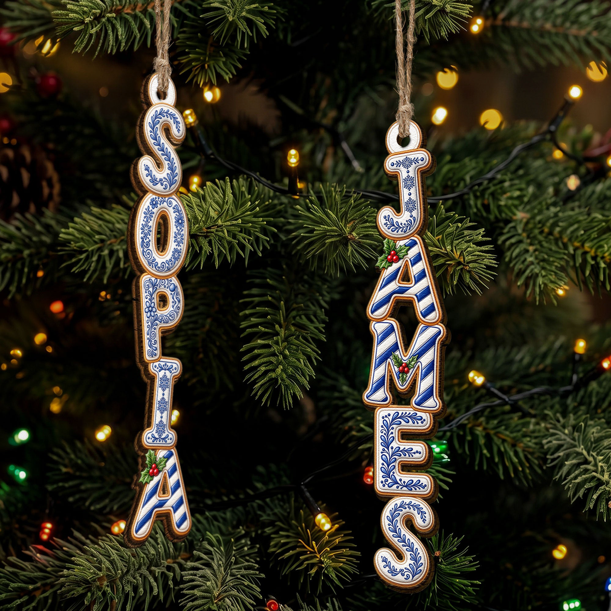 Custom Family Name Toile Ginger Bread Pattern Letter - Personalized Ornament