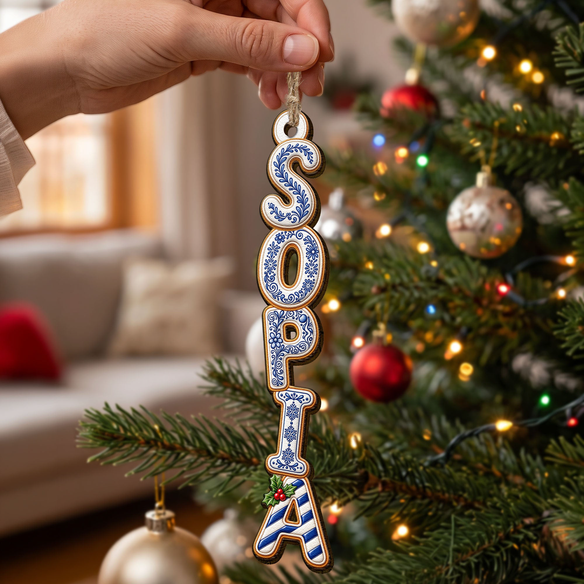 Custom Family Name Toile Ginger Bread Pattern Letter - Personalized Ornament