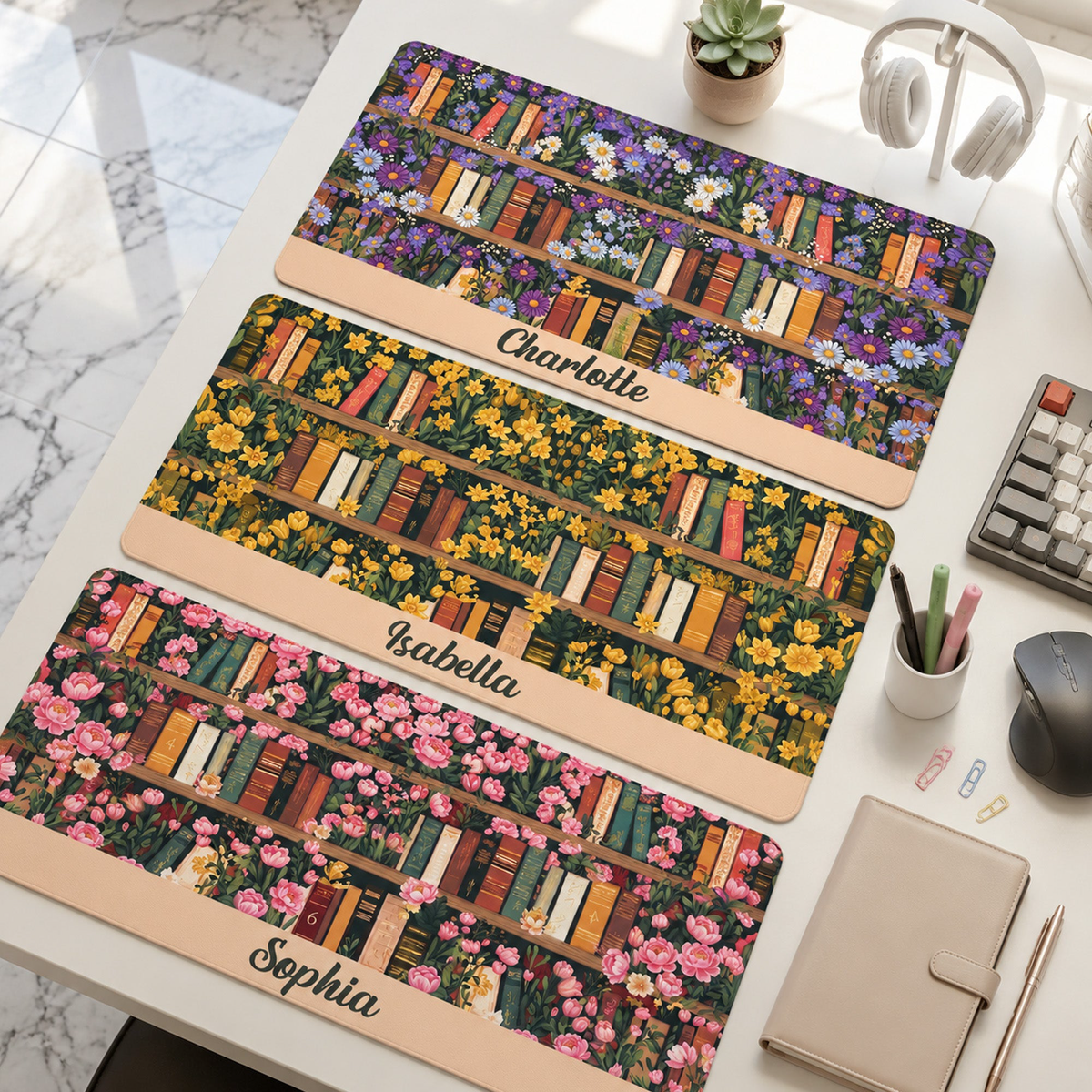 Custom Name & Birth Flower For Book Lovers Desk Decor New Version - Personalized Desk Mat