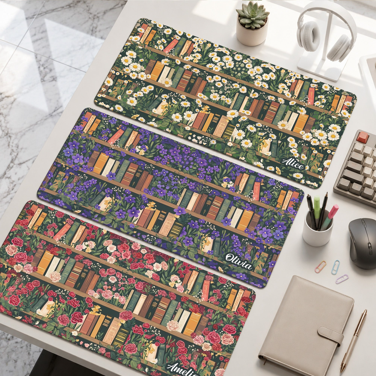 Custom Name & Birth Flower For Book Lovers Desk Decor - Personalized Desk Mat